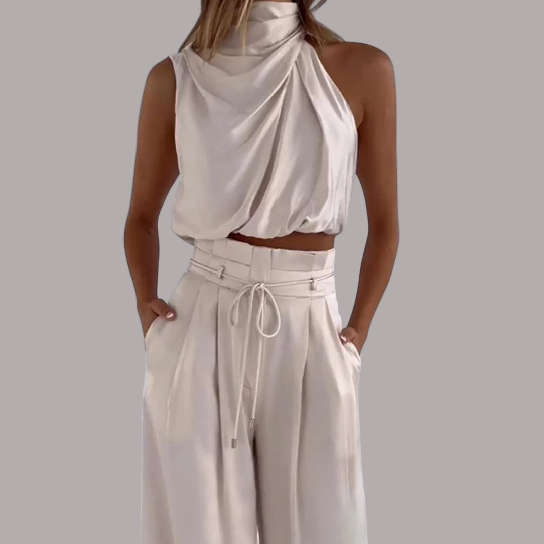 Silviana - Set elegant din două piese: top scurt fără mâneci și pantaloni cu talie înaltă, croi lejer