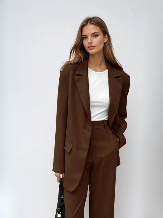 Jessie- Set asortat de blazer vintage mocha și pantaloni cu croi larg