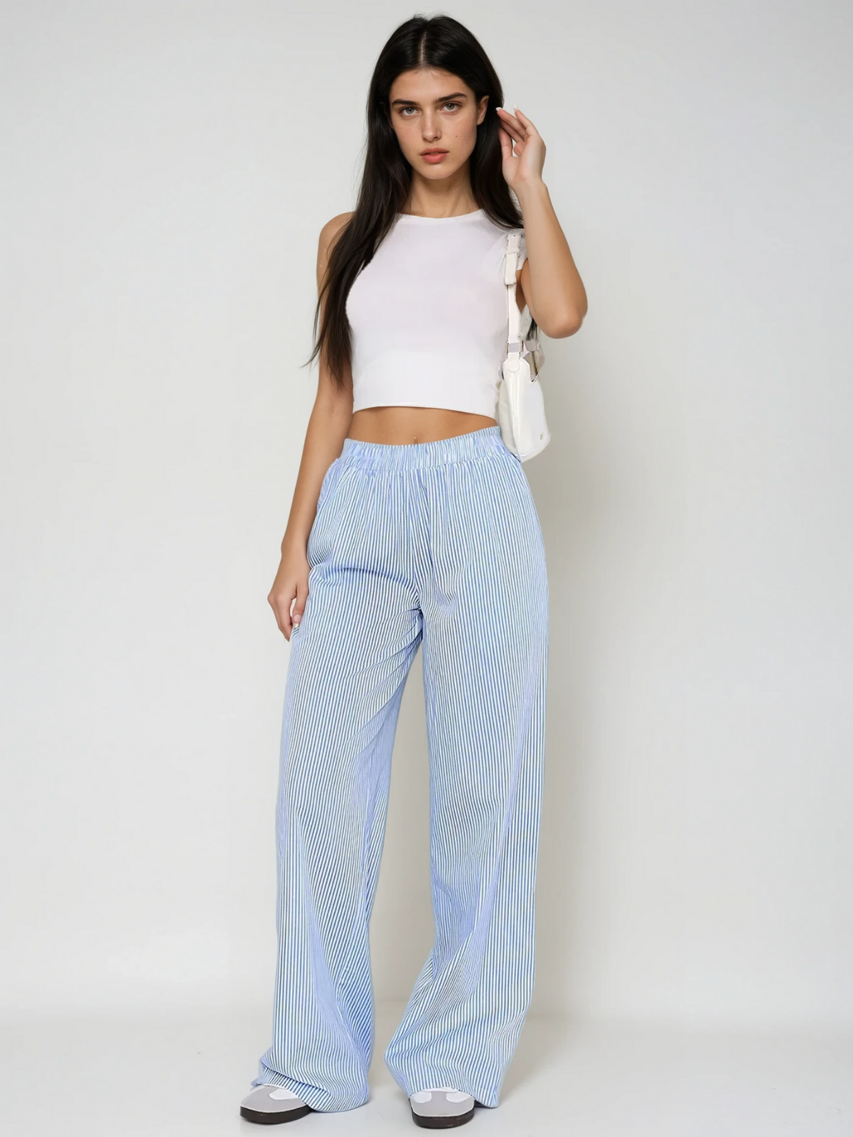 Malina - Pantaloni largi cu talie înaltă elastici, cu dungi