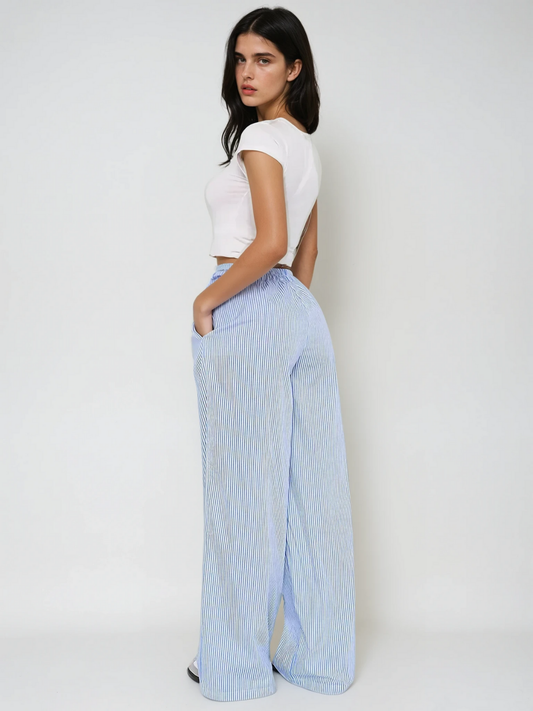 Malina - Pantaloni largi cu talie înaltă elastici, cu dungi