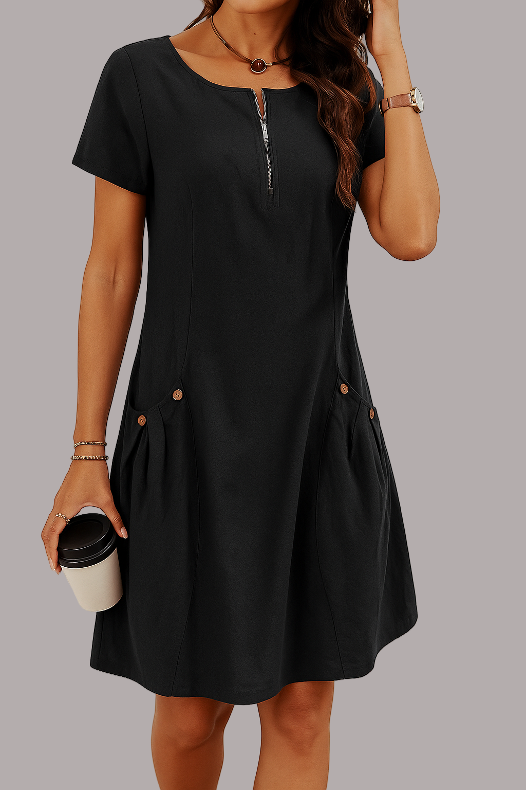 Eva - Rochie Elegantă Din Bumbac Cu Mânecă Scurtă și Buzunare