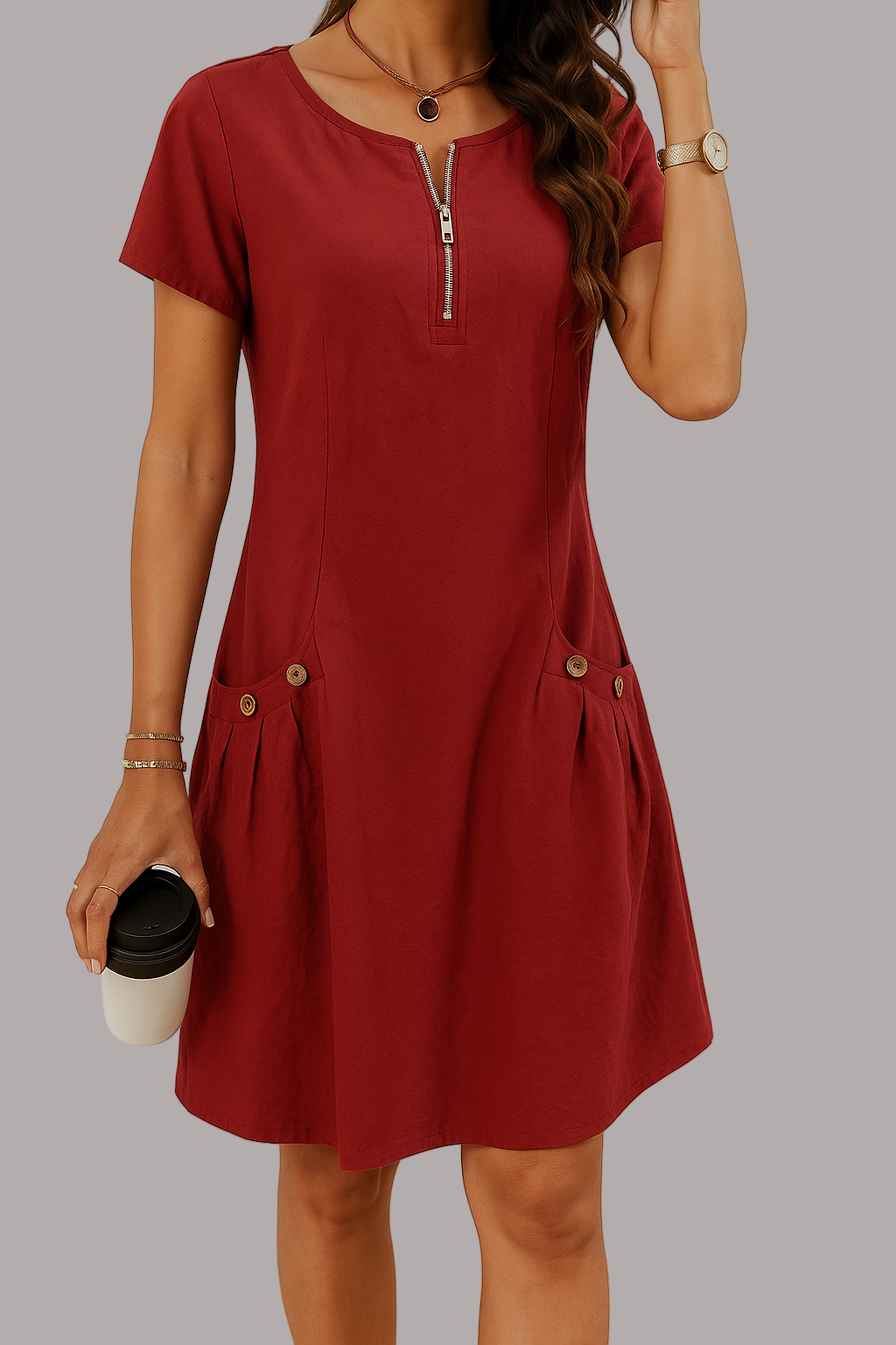 Eva - Rochie Elegantă Din Bumbac Cu Mânecă Scurtă și Buzunare