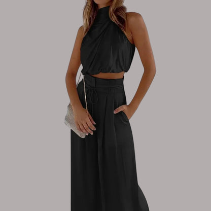 Silviana - Set elegant din două piese: top scurt fără mâneci și pantaloni cu talie înaltă, croi lejer