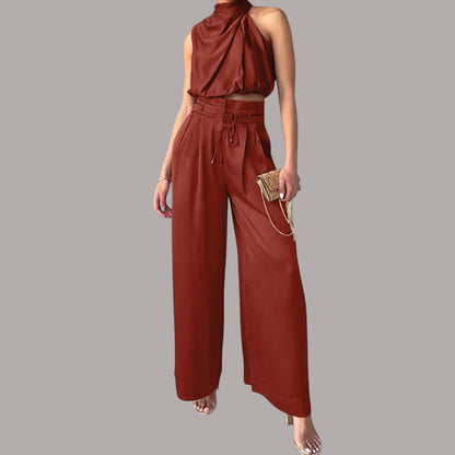 Silviana - Set elegant din două piese: top scurt fără mâneci și pantaloni cu talie înaltă, croi lejer