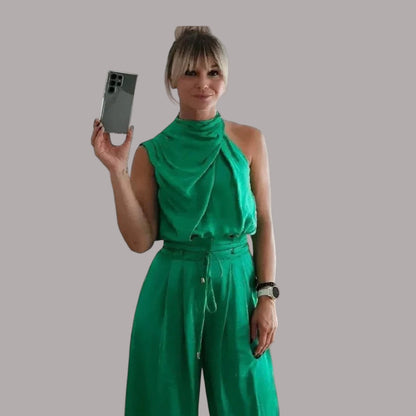 Silviana - Set elegant din două piese: top scurt fără mâneci și pantaloni cu talie înaltă, croi lejer
