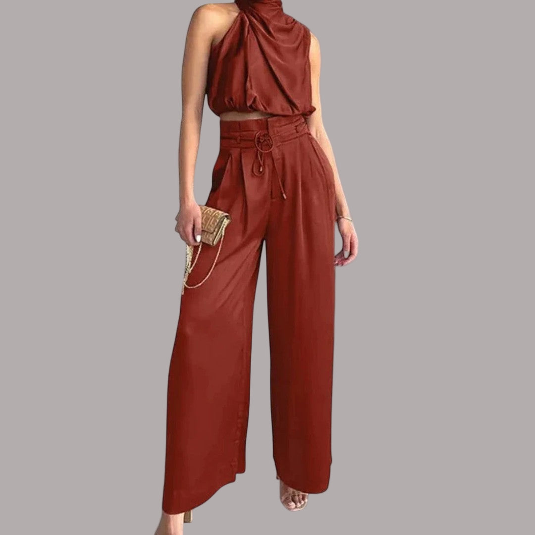 Silviana - Set elegant din două piese: top scurt fără mâneci și pantaloni cu talie înaltă, croi lejer