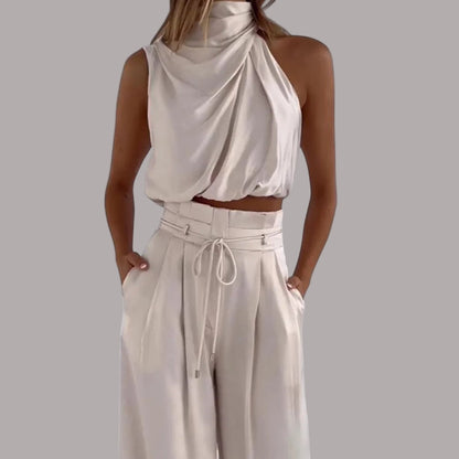 Silviana - Set elegant din două piese: top scurt fără mâneci și pantaloni cu talie înaltă, croi lejer