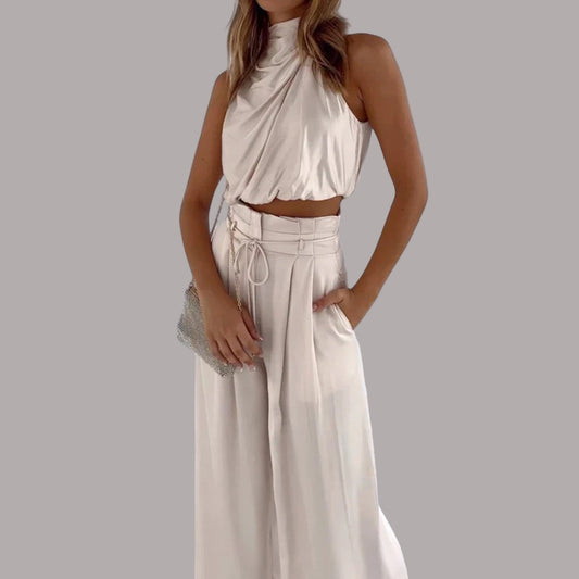 Silviana - Set elegant din două piese: top scurt fără mâneci și pantaloni cu talie înaltă, croi lejer