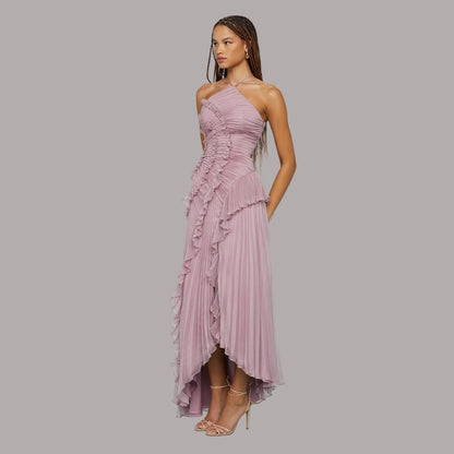 Mirjana - Rochie Lungă cu Guler Halter și Volane Plisate