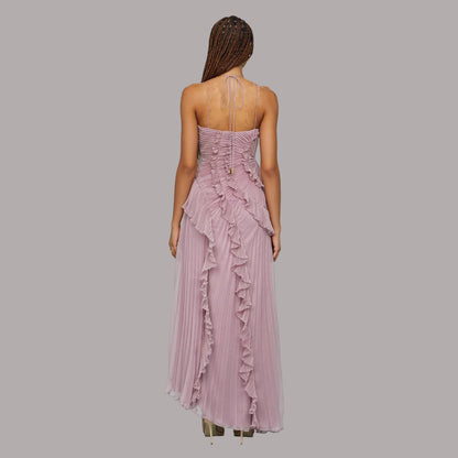 Mirjana - Rochie Lungă cu Guler Halter și Volane Plisate