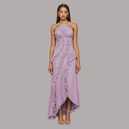 Mirjana - Rochie Lungă cu Guler Halter și Volane Plisate
